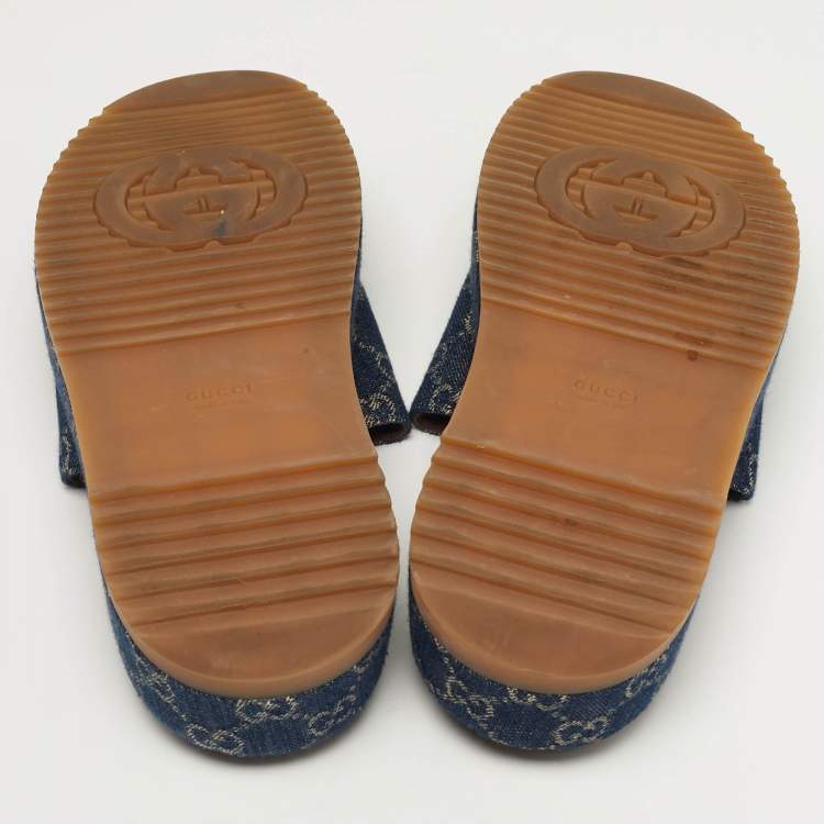 Pre Owned Gucci Size 38.5 Navy Blue GG Denim Platform Slide Sandals