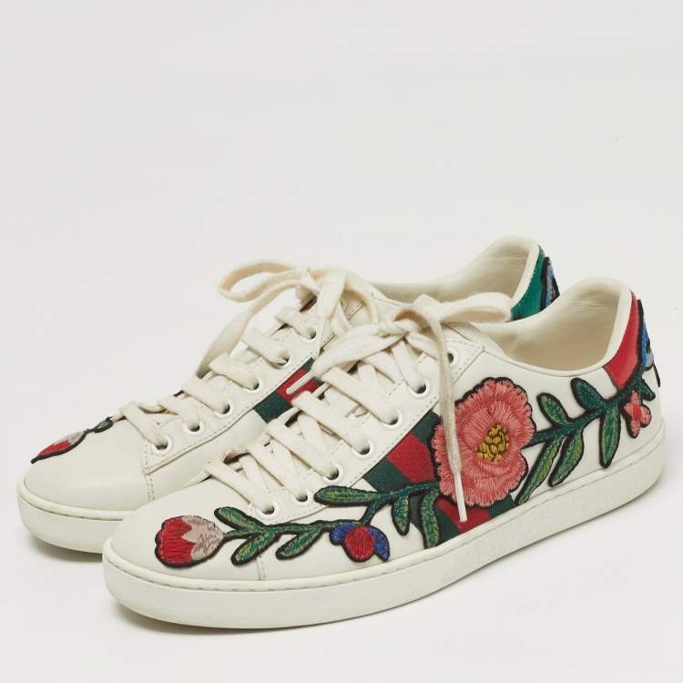 Pre Owned Gucci Ace Size 37 White Leather Floral Embroidered Low Top Sneakers