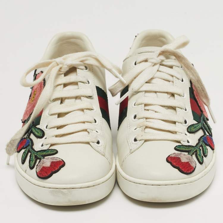 Pre Owned Gucci Ace Size 37 White Leather Floral Embroidered Low Top Sneakers