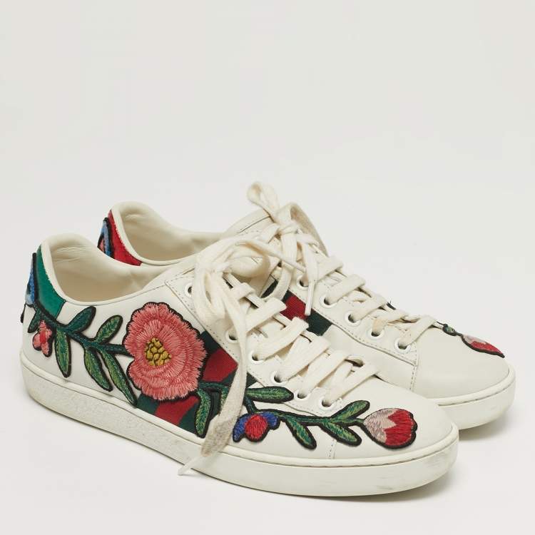 Pre Owned Gucci Ace Size 37 White Leather Floral Embroidered Low Top Sneakers