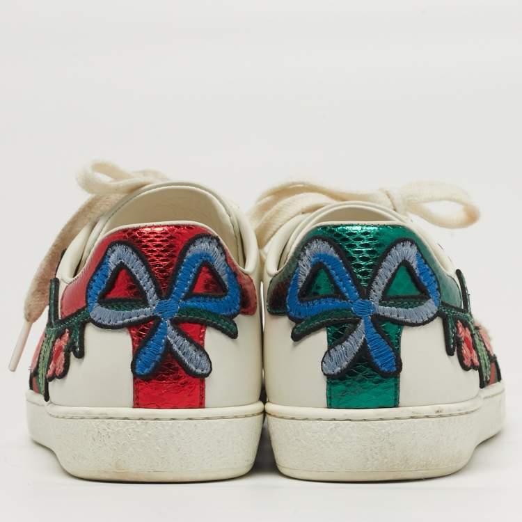 Pre Owned Gucci Ace Size 37 White Leather Floral Embroidered Low Top Sneakers