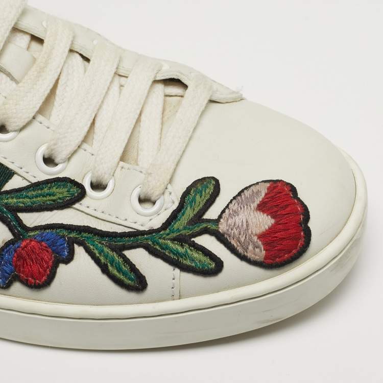 Pre Owned Gucci Ace Size 37 White Leather Floral Embroidered Low Top Sneakers
