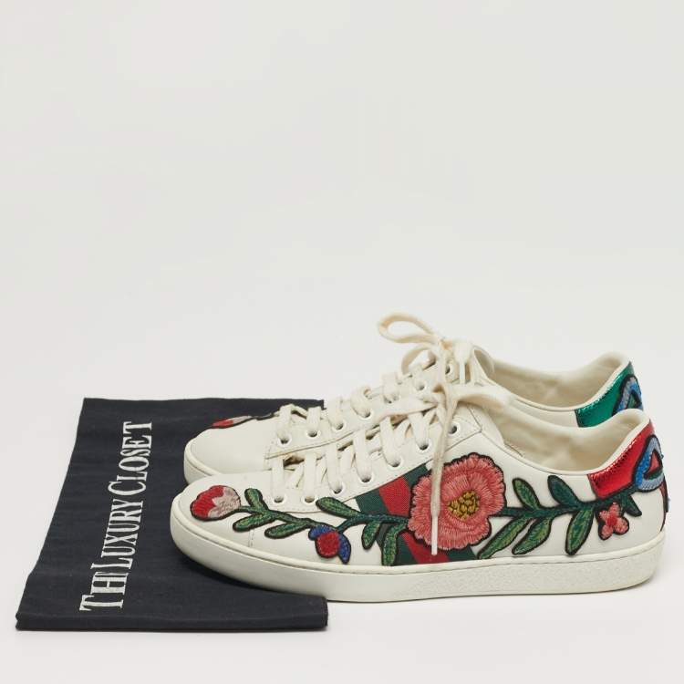 Pre Owned Gucci Ace Size 37 White Leather Floral Embroidered Low Top Sneakers