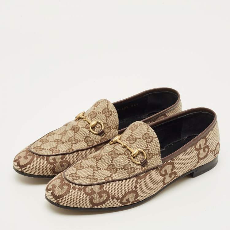 Pre Owned Gucci Horsebit Size 40.5 Beige/Brown Canvas and Leather Loafers