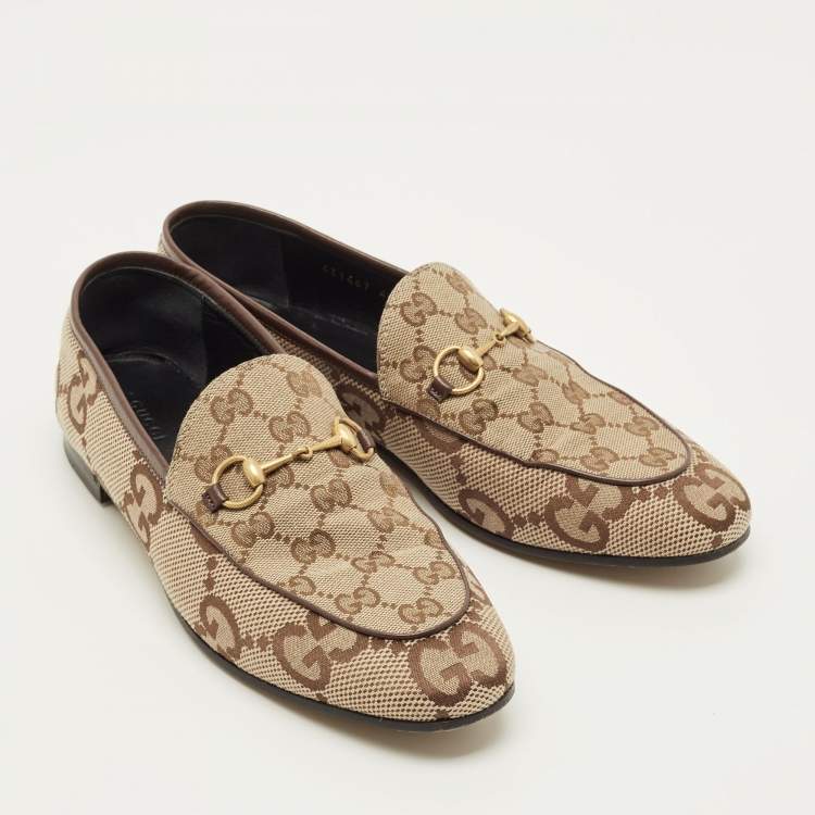Pre Owned Gucci Horsebit Size 40.5 Beige/Brown Canvas and Leather Loafers