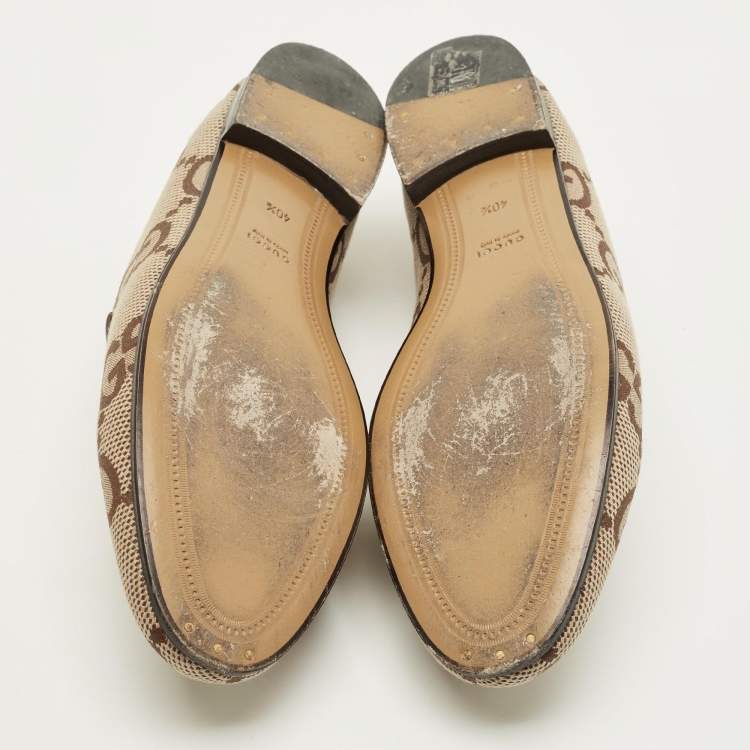 Pre Owned Gucci Horsebit Size 40.5 Beige/Brown Canvas and Leather Loafers
