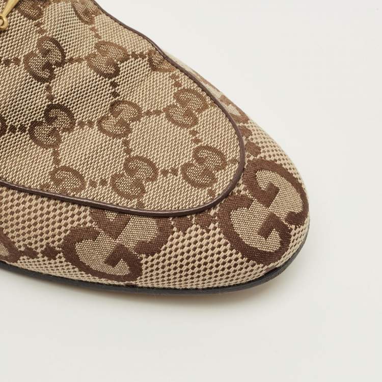 Pre Owned Gucci Horsebit Size 40.5 Beige/Brown Canvas and Leather Loafers