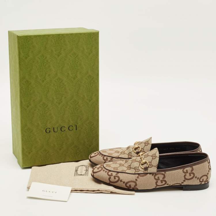 Pre Owned Gucci Horsebit Size 40.5 Beige/Brown Canvas and Leather Loafers