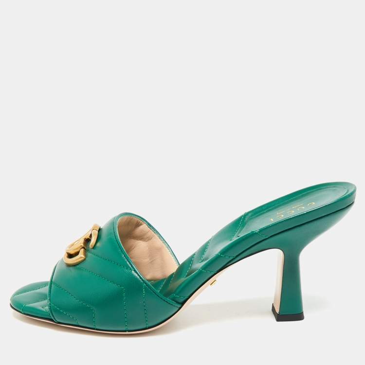 Pre Owned Gucci Double G Size 39 Green Leather Slide Sandals