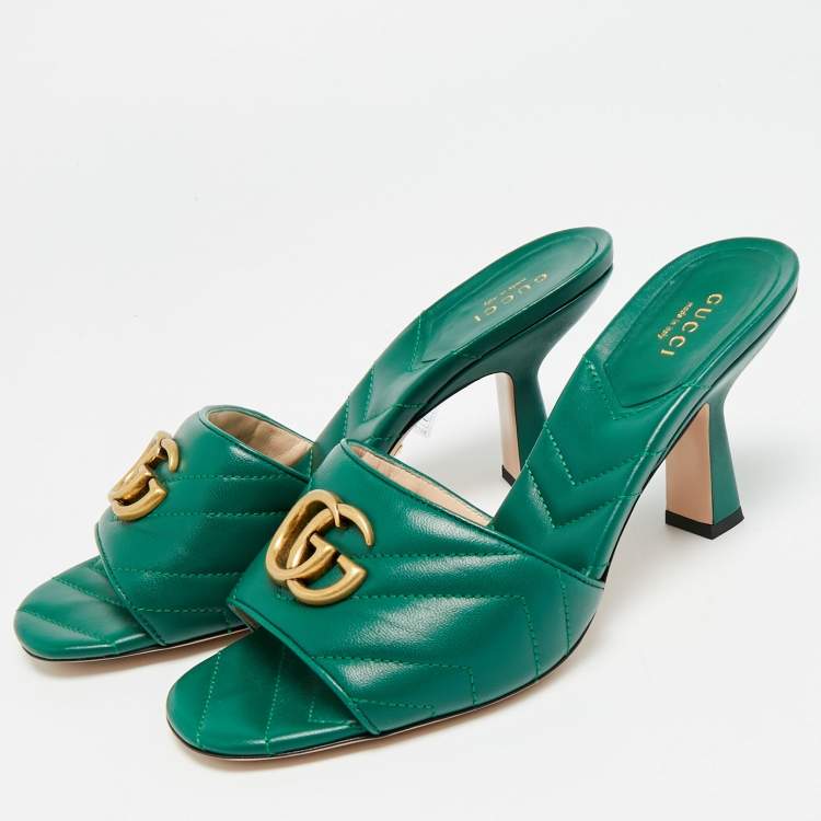 Pre Owned Gucci Double G Size 39 Green Leather Slide Sandals
