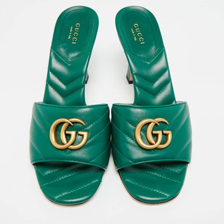 Pre Owned Gucci Double G Size 39 Green Leather Slide Sandals