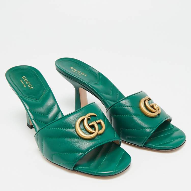 Pre Owned Gucci Double G Size 39 Green Leather Slide Sandals