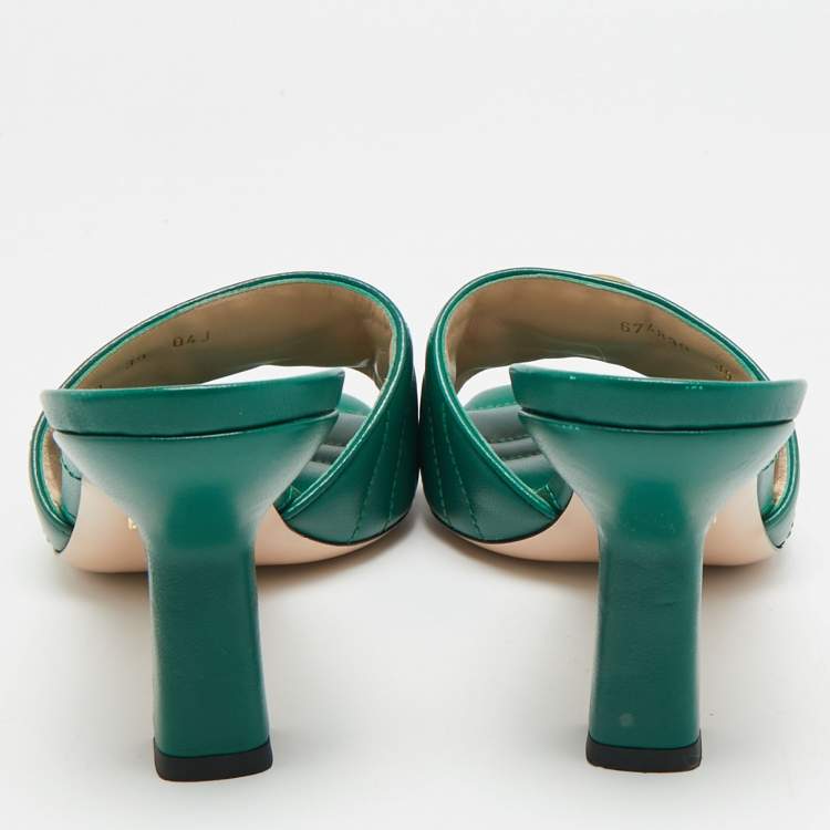 Pre Owned Gucci Double G Size 39 Green Leather Slide Sandals