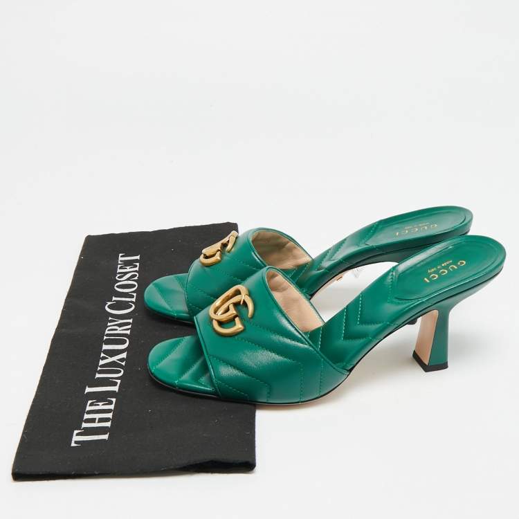 Pre Owned Gucci Double G Size 39 Green Leather Slide Sandals