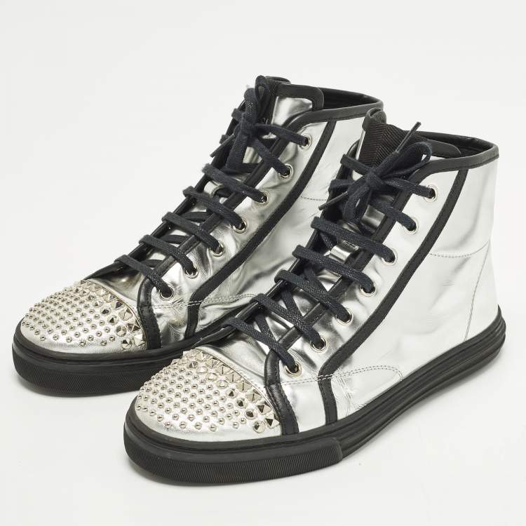 Pre Owned Gucci  Size 37 Silver Leather Studs High Top  Sneakers