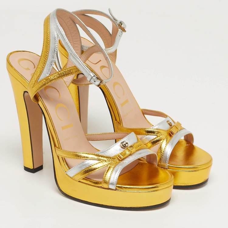 Pre Owned Gucci Alison Size 38.5 Silver/Gold Leather Platform Ankle Strap Sandals