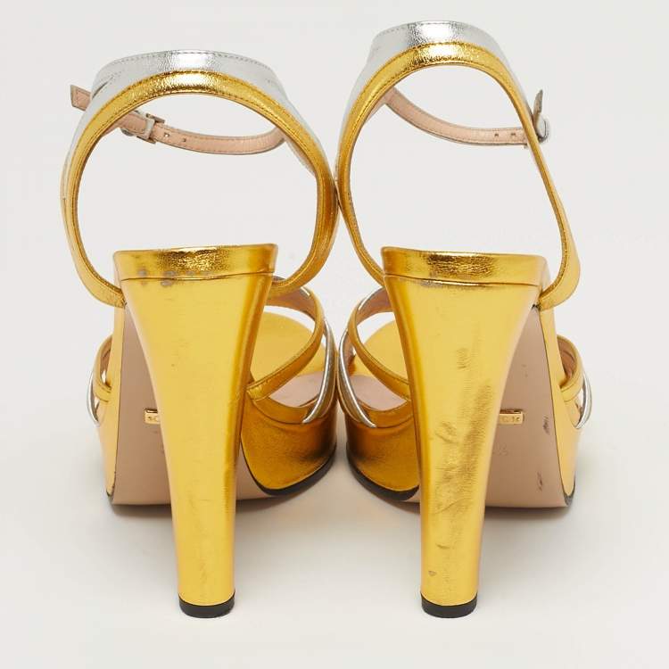 Pre Owned Gucci Alison Size 38.5 Silver/Gold Leather Platform Ankle Strap Sandals