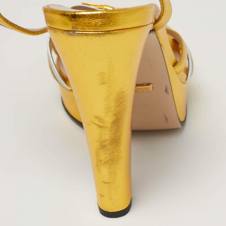 Pre Owned Gucci Alison Size 38.5 Silver/Gold Leather Platform Ankle Strap Sandals