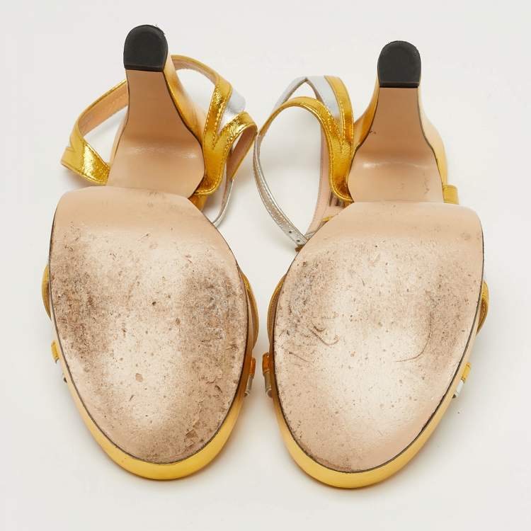 Pre Owned Gucci Alison Size 38.5 Silver/Gold Leather Platform Ankle Strap Sandals