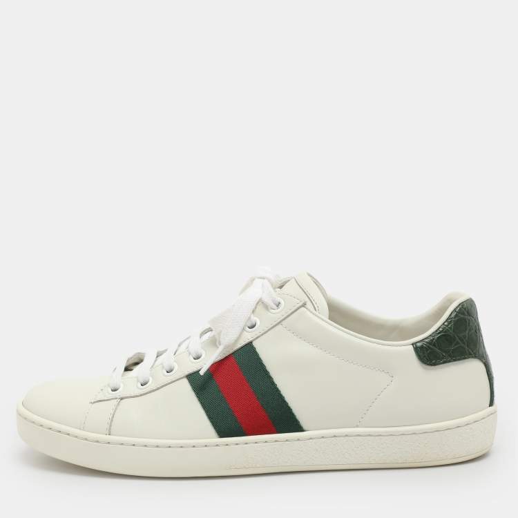 Pre Owned Gucci Ace Size 37.5 White Croc Embossed and Leather Lace Up Sneakers