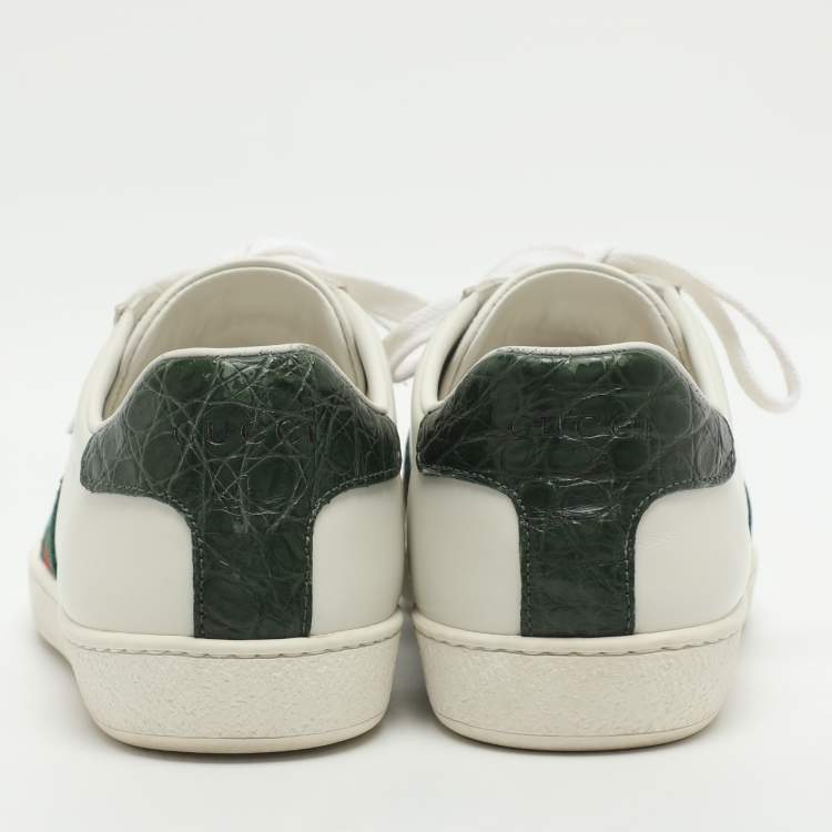 Pre Owned Gucci Ace Size 37.5 White Croc Embossed and Leather Lace Up Sneakers