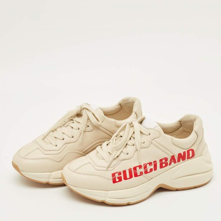 Pre Owned Gucci Rhyton Size 38.5 Cream Leather Low Top Sneakers