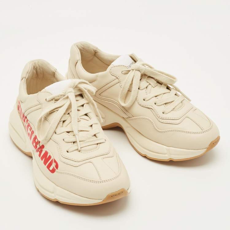 Pre Owned Gucci Rhyton Size 38.5 Cream Leather Low Top Sneakers
