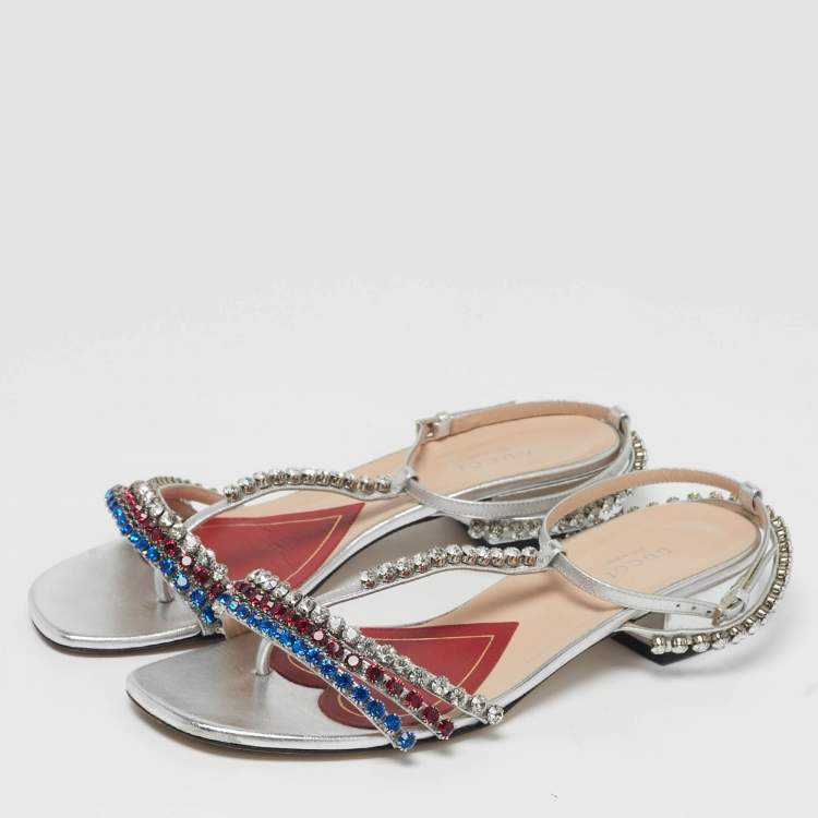 Pre Owned Gucci Size 38 Silver Leather Crystal Embellished Ankle Strap Sandals