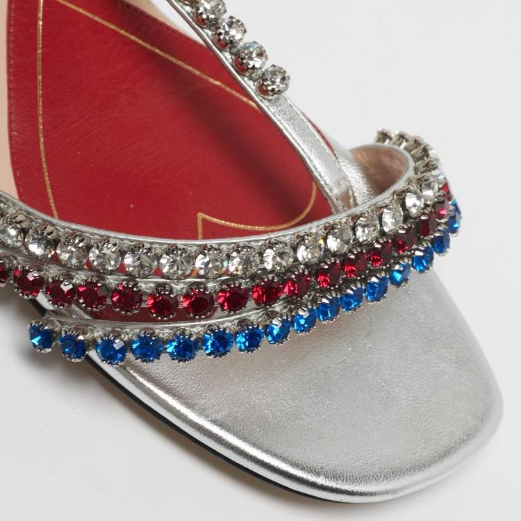 Pre Owned Gucci Size 38 Silver Leather Crystal Embellished Ankle Strap Sandals
