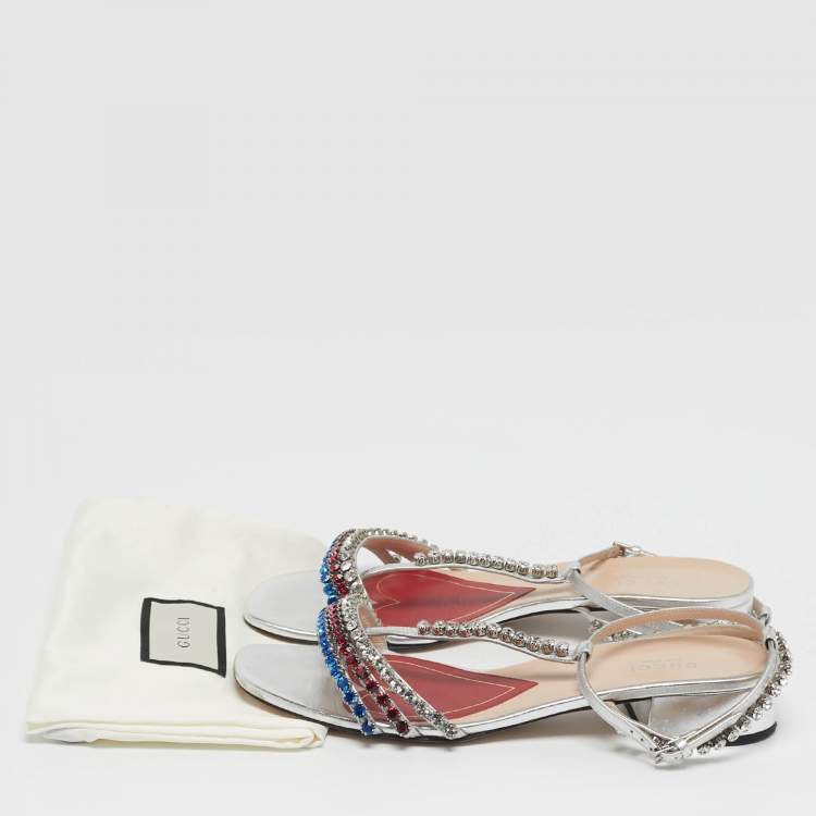 Pre Owned Gucci Size 38 Silver Leather Crystal Embellished Ankle Strap Sandals