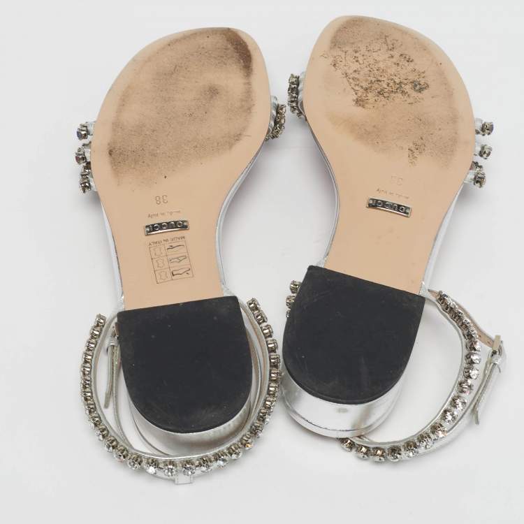 Pre Owned Gucci Size 38 Silver Leather Crystal Embellished Ankle Strap Sandals