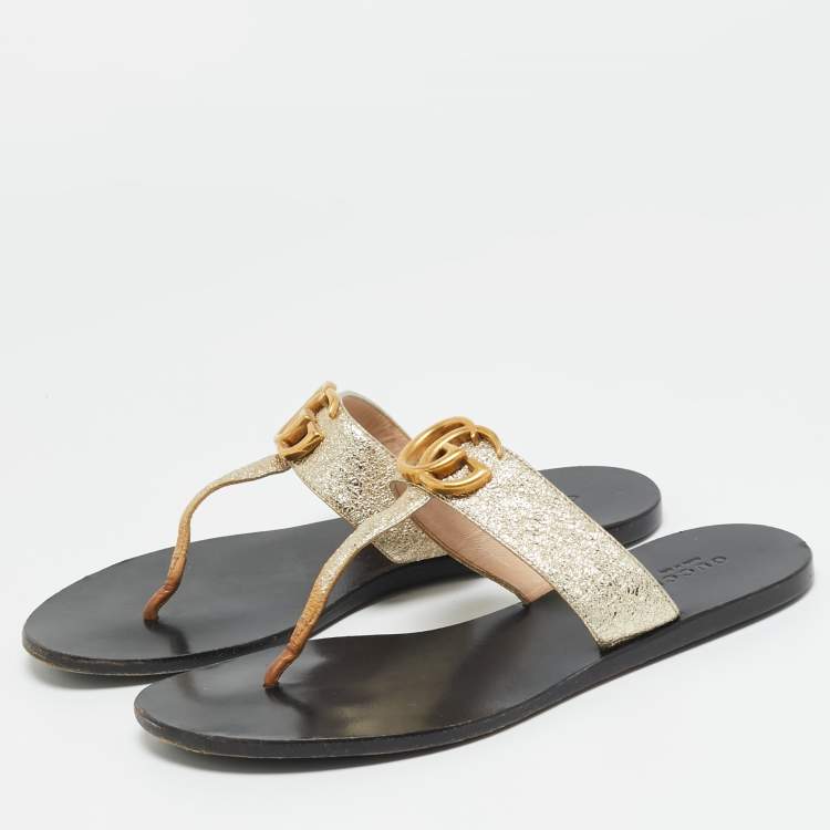 Pre Owned Gucci GG Marmont Size 37 Gold Leather Flat Sandals