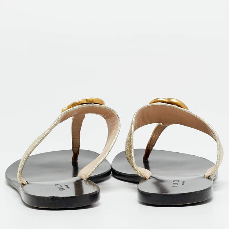 Pre Owned Gucci GG Marmont Size 37 Gold Leather Flat Sandals