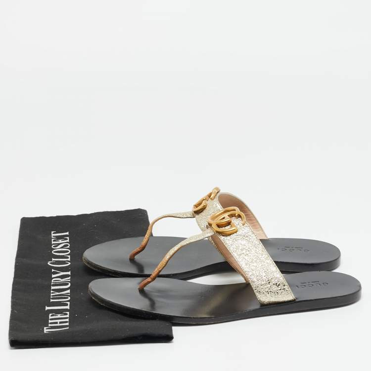 Pre Owned Gucci GG Marmont Size 37 Gold Leather Flat Sandals