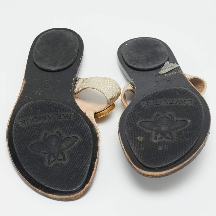 Pre Owned Gucci GG Marmont Size 37 Gold Leather Flat Sandals