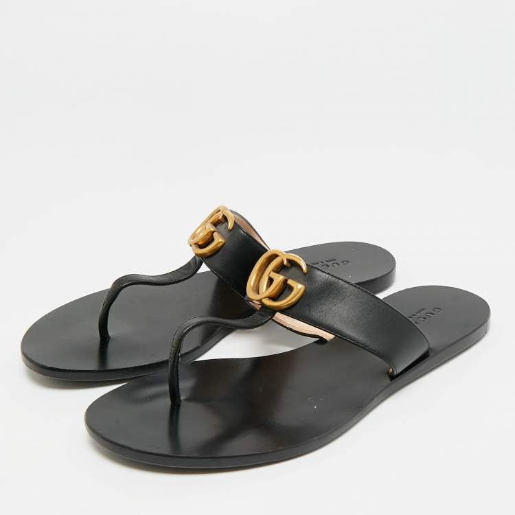 Pre Owned Gucci GG Marmont Size 37 Black Leather Thong Sandals
