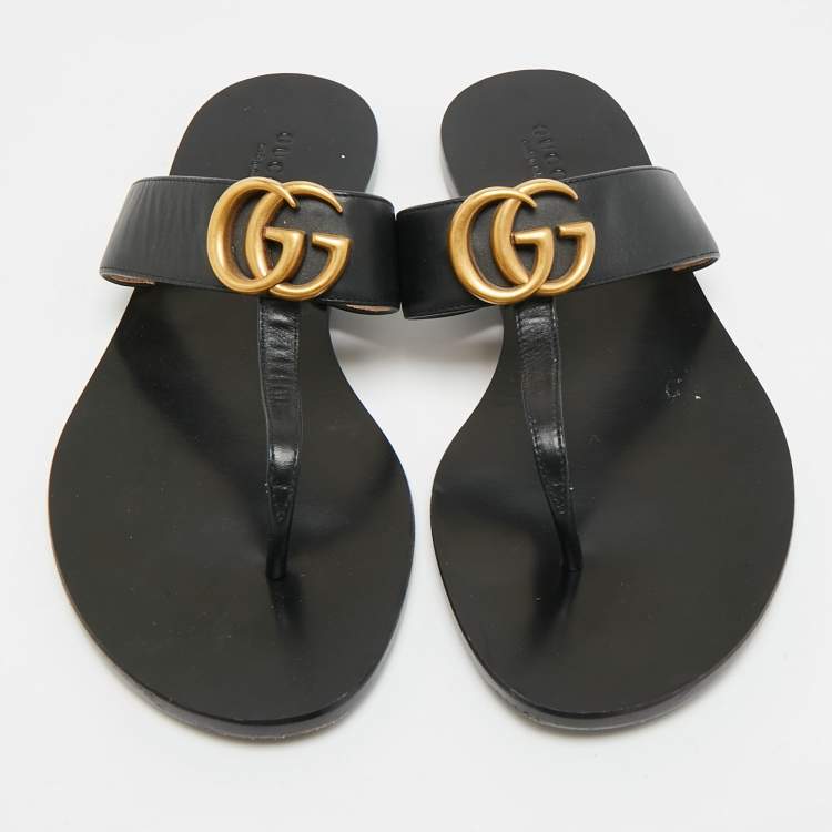 Pre Owned Gucci GG Marmont Size 37 Black Leather Thong Sandals