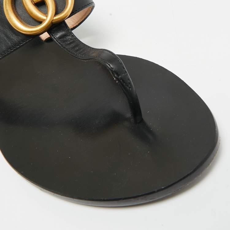 Pre Owned Gucci GG Marmont Size 37 Black Leather Thong Sandals