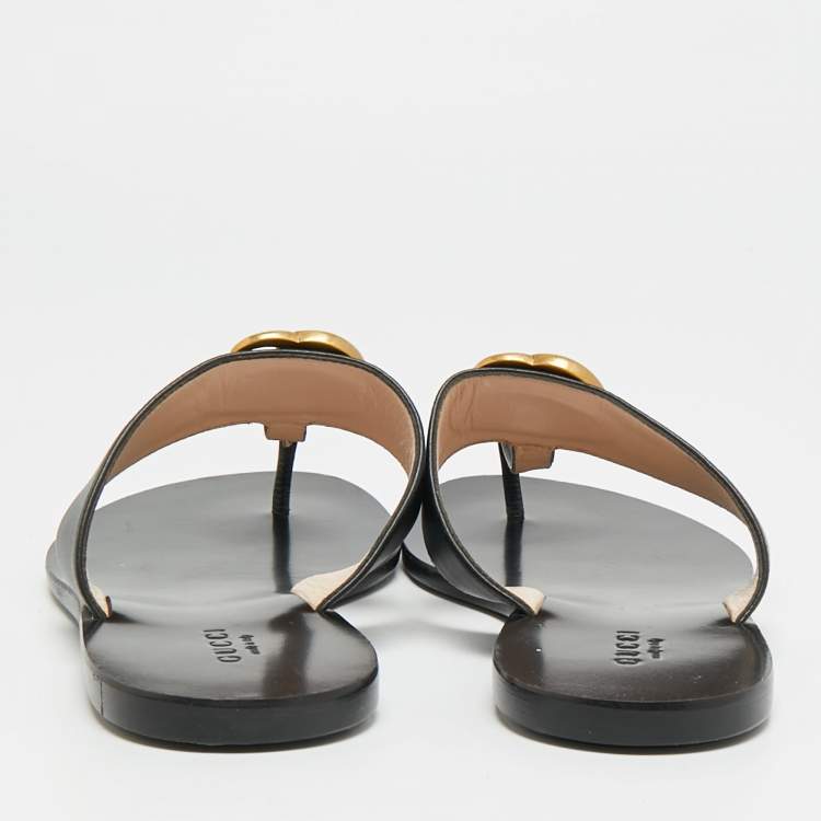 Pre Owned Gucci GG Marmont Size 37 Black Leather Thong Sandals