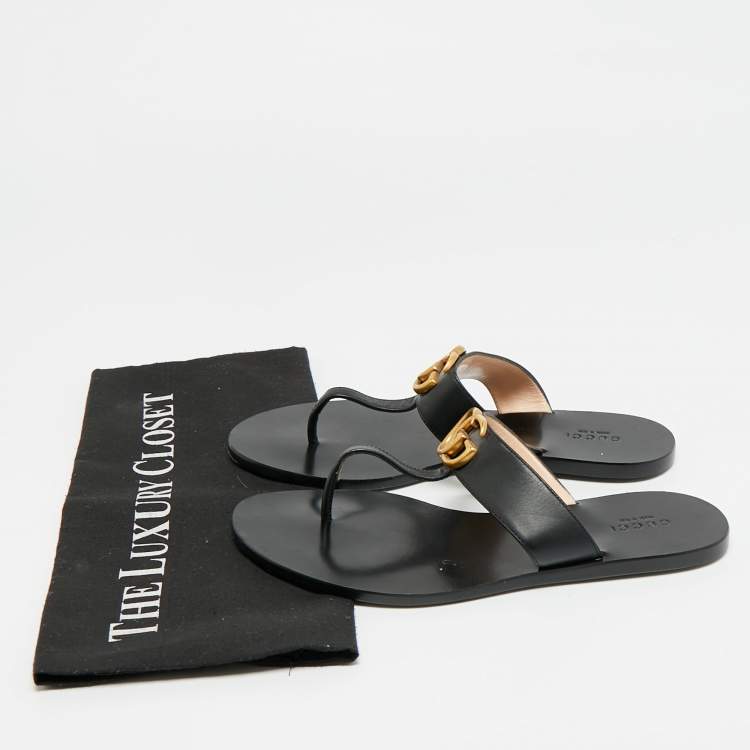 Pre Owned Gucci GG Marmont Size 37 Black Leather Thong Sandals
