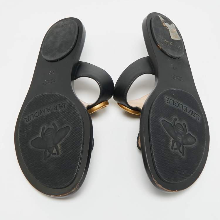 Pre Owned Gucci GG Marmont Size 37 Black Leather Thong Sandals