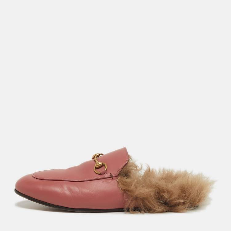 Pre Owned Gucci Horsebit Size 39 Pink Fur and Leather Horsebit Flat Mules