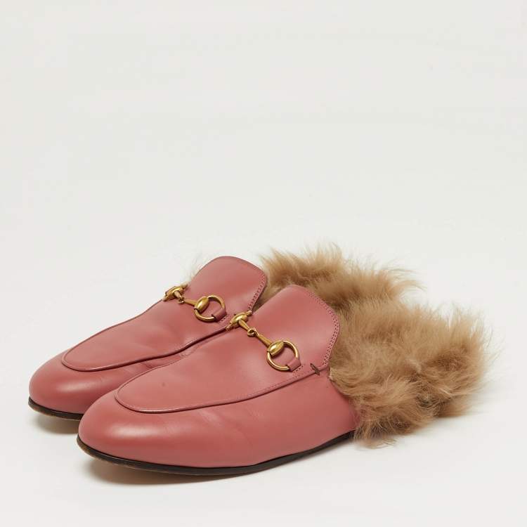 Pre Owned Gucci Horsebit Size 39 Pink Fur and Leather Horsebit Flat Mules