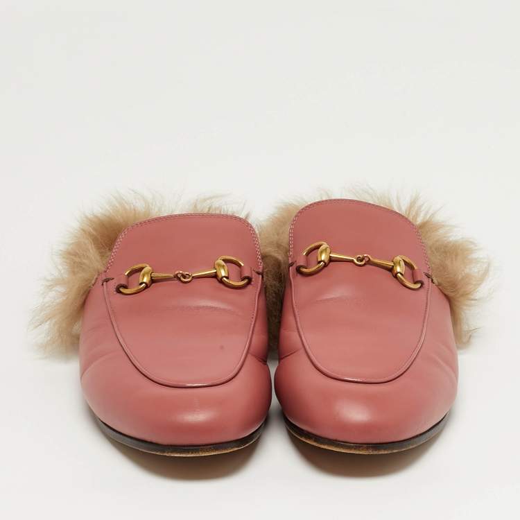 Pre Owned Gucci Horsebit Size 39 Pink Fur and Leather Horsebit Flat Mules