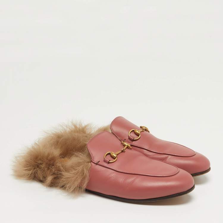 Pre Owned Gucci Horsebit Size 39 Pink Fur and Leather Horsebit Flat Mules