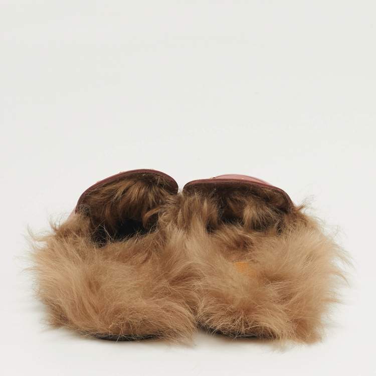 Pre Owned Gucci Horsebit Size 39 Pink Fur and Leather Horsebit Flat Mules