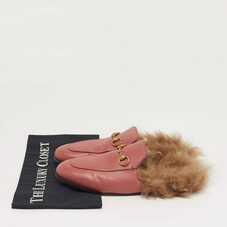 Pre Owned Gucci Horsebit Size 39 Pink Fur and Leather Horsebit Flat Mules