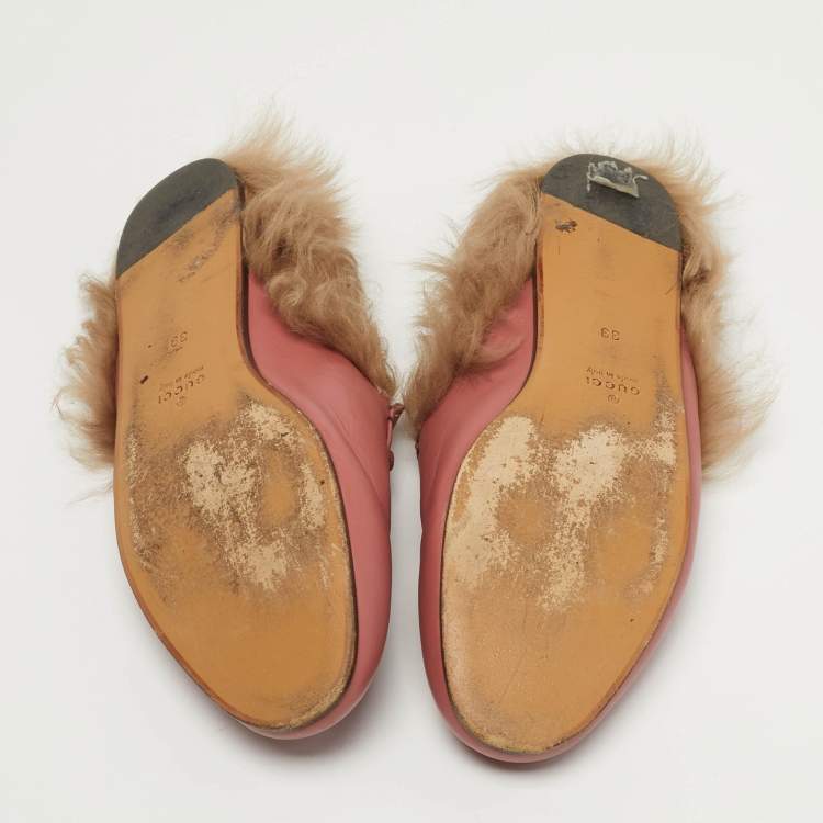 Pre Owned Gucci Horsebit Size 39 Pink Fur and Leather Horsebit Flat Mules