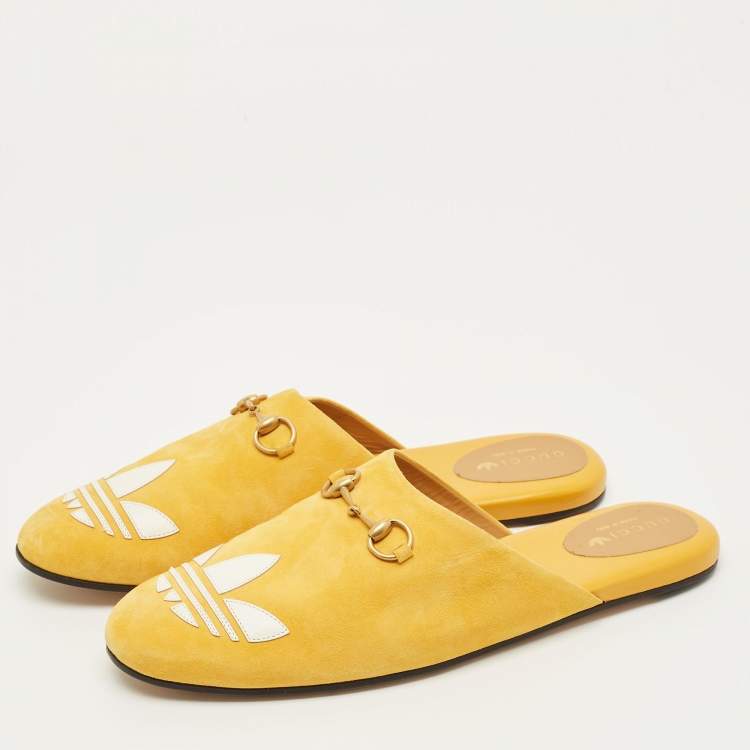 Pre Owned Gucci Trefoil Size 42 Yellow Leather and Suede Flat Mules