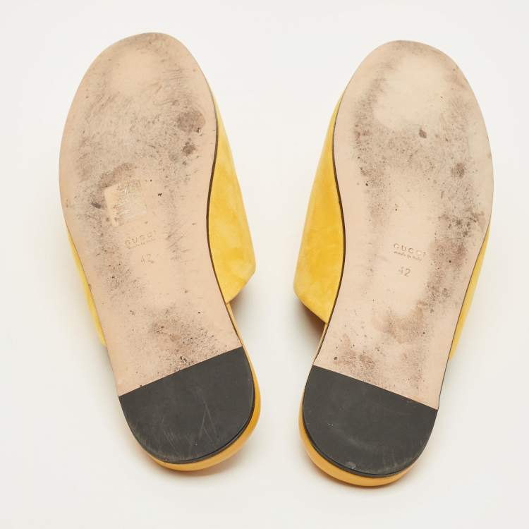 Pre Owned Gucci Trefoil Size 42 Yellow Leather and Suede Flat Mules